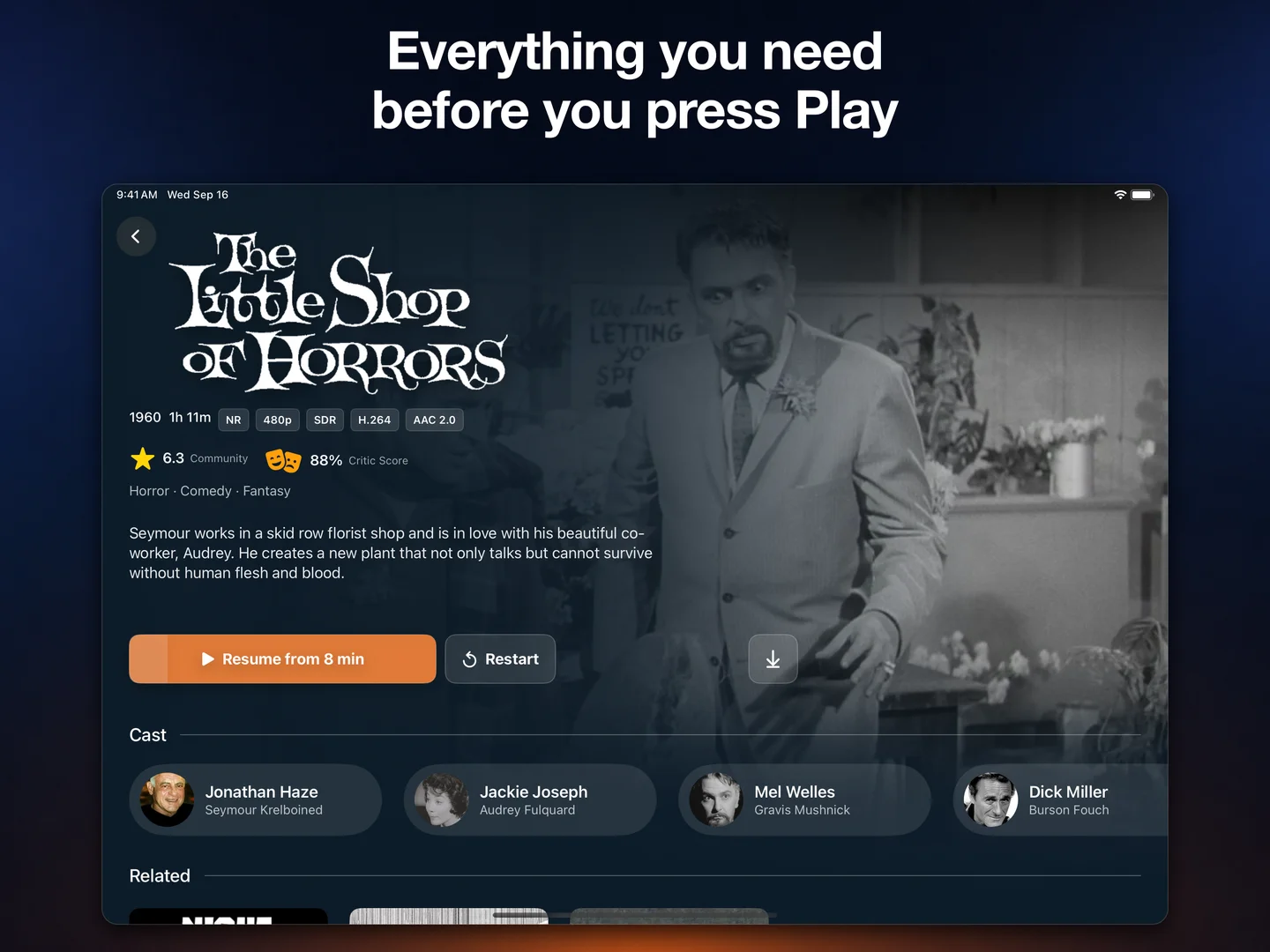 Movie details in Trovu for iPad, including cast, ratings, synopsis, and playback controls