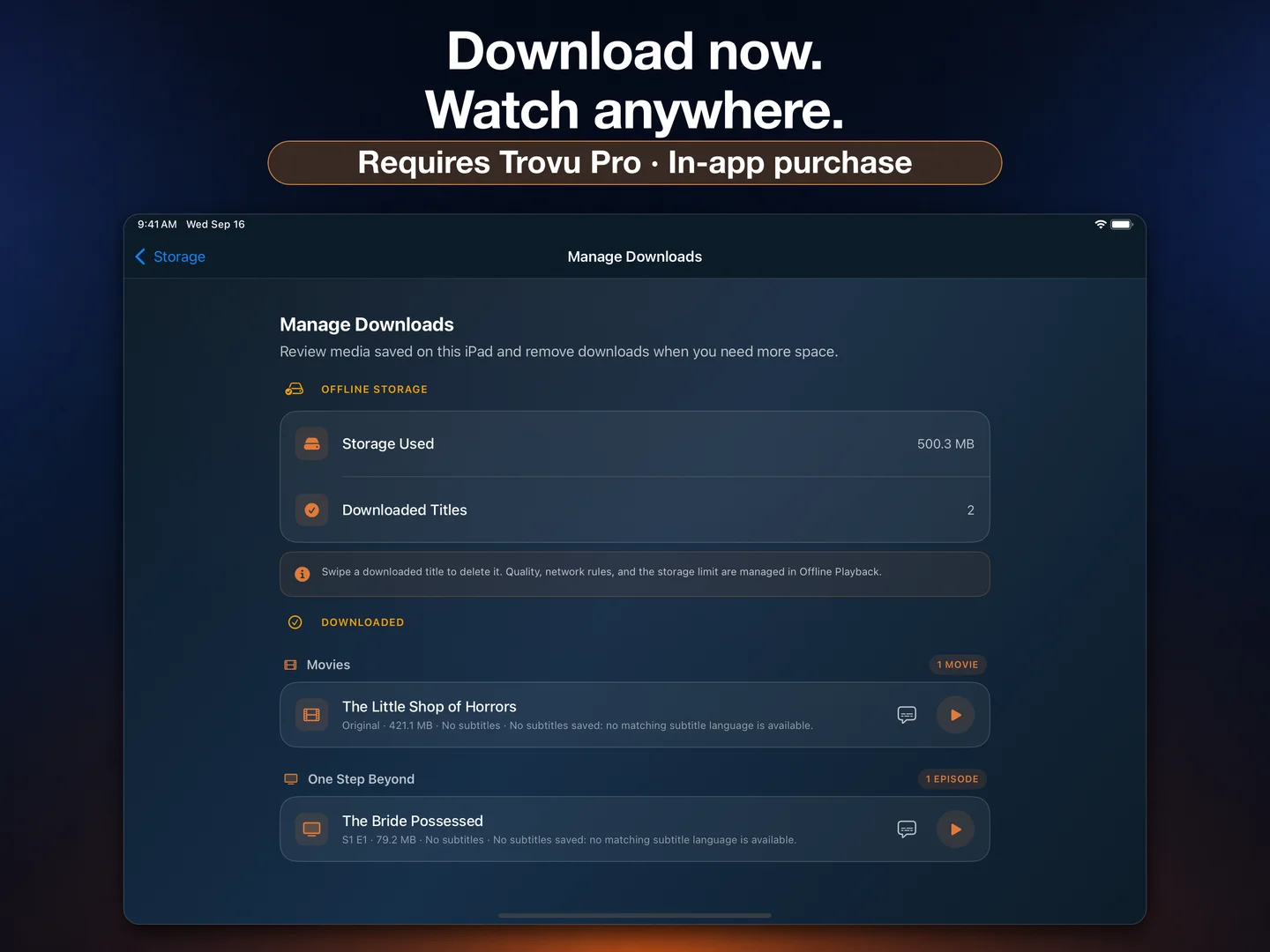 Trovu on iPad showing completed offline downloads of a movie and TV episode, storage used, and Trovu Pro in-app purchase disclosure