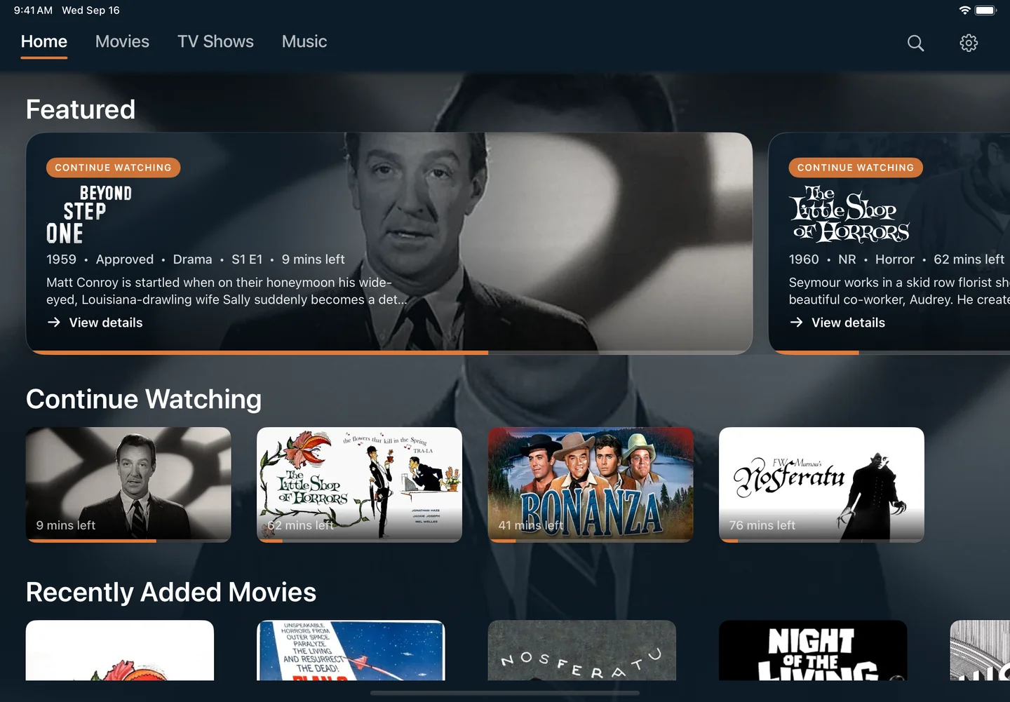 Trovu on iPad showing Jellyfin and Plex library browsing, Continue Watching, and recently added movies