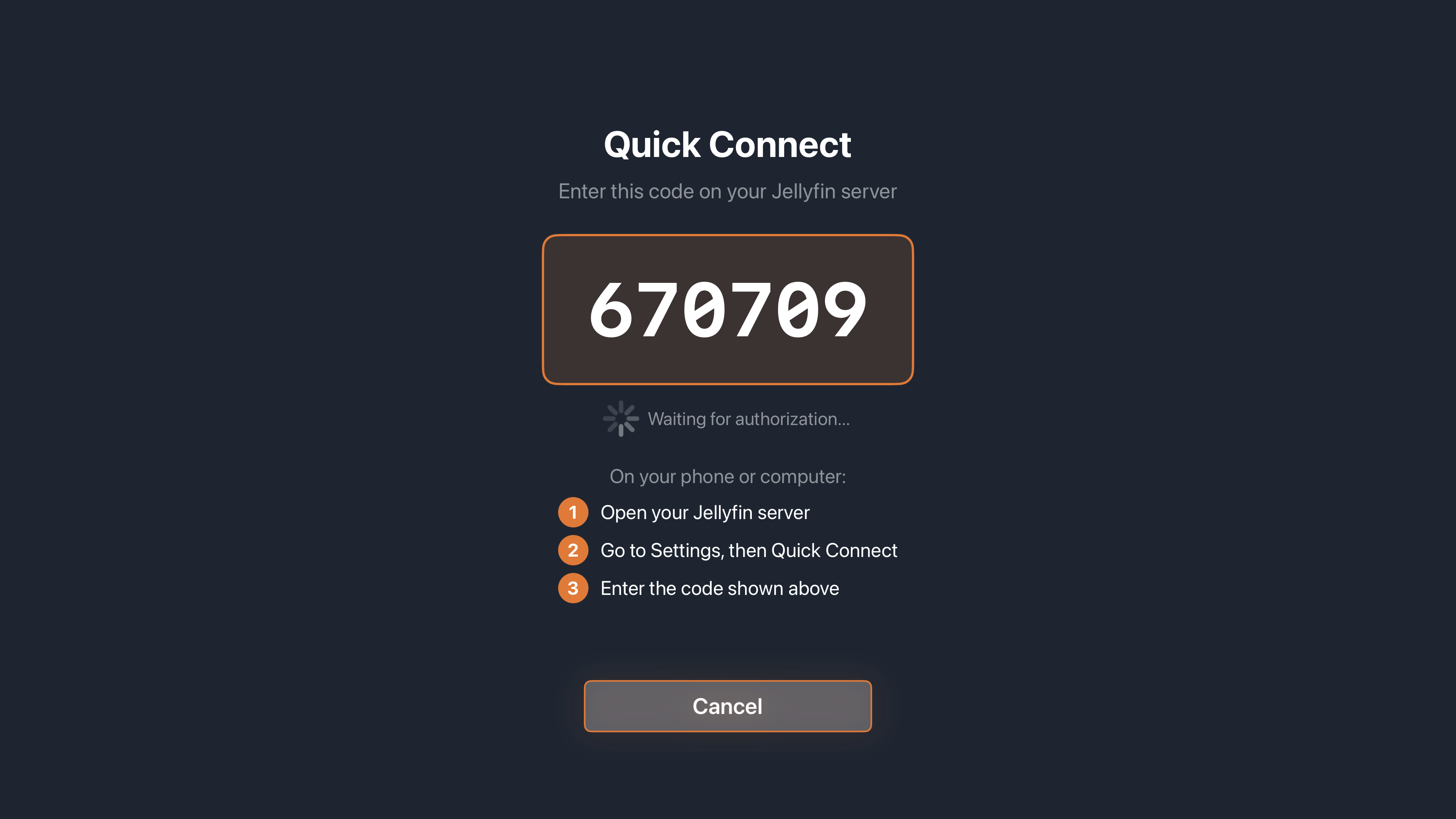 Trovu Quick Connect screen showing a six-digit pin code for password-free Jellyfin sign-in on Apple TV