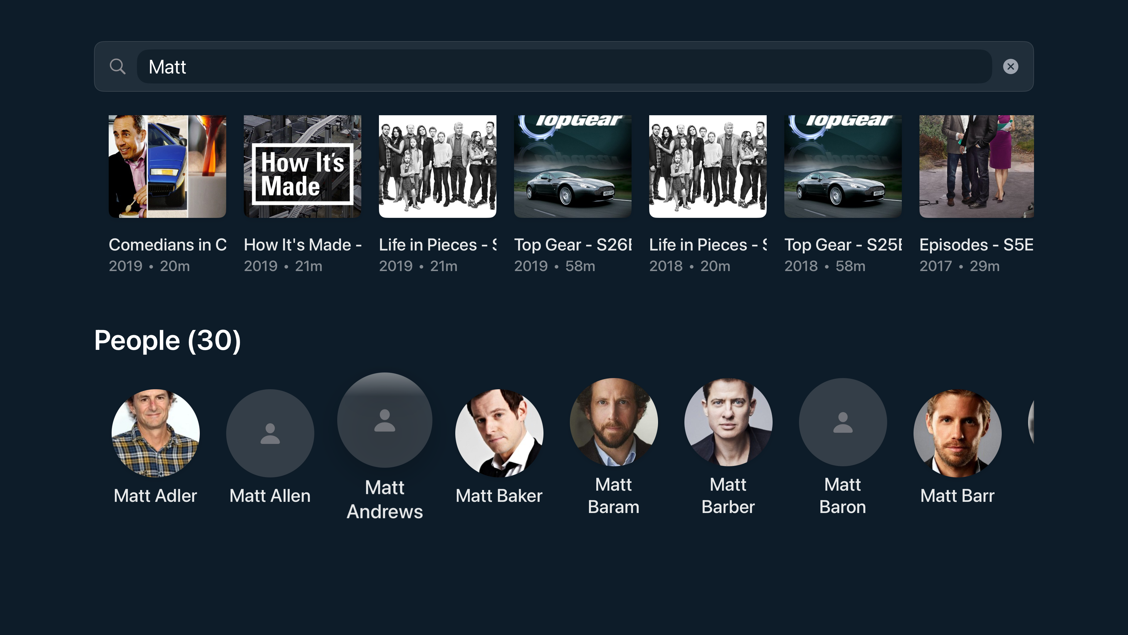 Trovu instant search on Apple TV showing TV shows and people results from a Jellyfin library